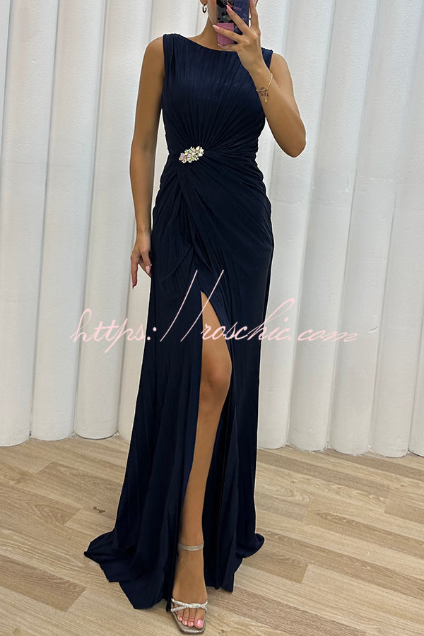Pleated Embellished Slit Sleeveless Evening Maxi Dress