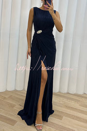 Pleated Embellished Slit Sleeveless Evening Maxi Dress