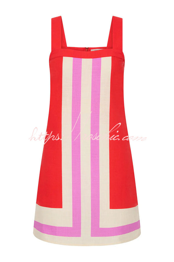 Linen Blend Square Neck Loose Mini Dress with Contrast Lines