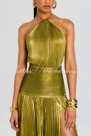 Metallic Pleated Halter Maxi Dress with Open Back & Slit