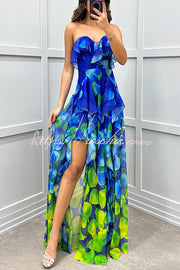Gradient Print Strapless Maxi Dress with Layered Ruffles