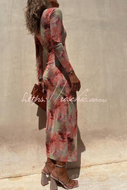 Mesh Overlay Tie Dye Long Sleeve Ruched Midi Dress