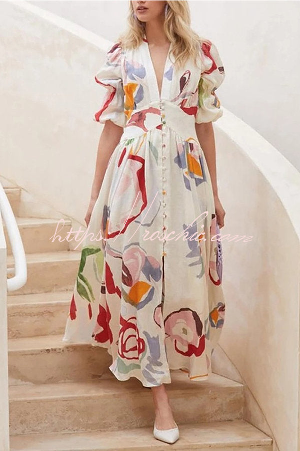 Watercolor Floral Puff Sleeve Button Maxi Dress