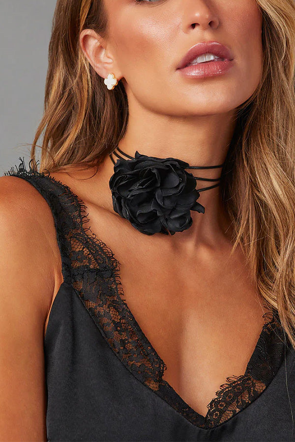 Floral Lace-Up Choker Necklace with Flower Detail