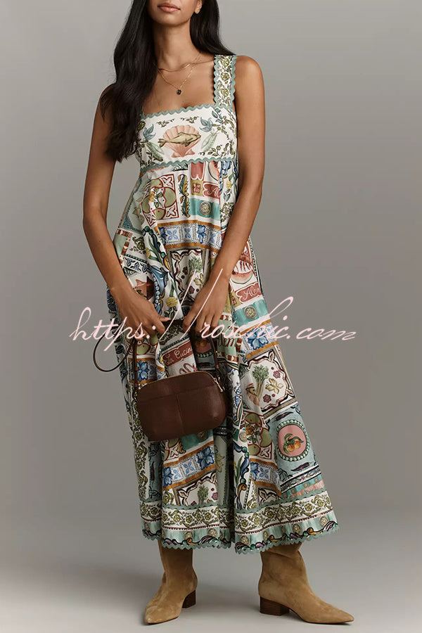 Linen Blend Smocked Maxi Dress with Scalloped Back Detail