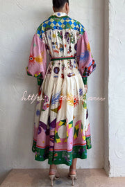 Linen Blend Balloon Sleeve Midi Dress with Belt