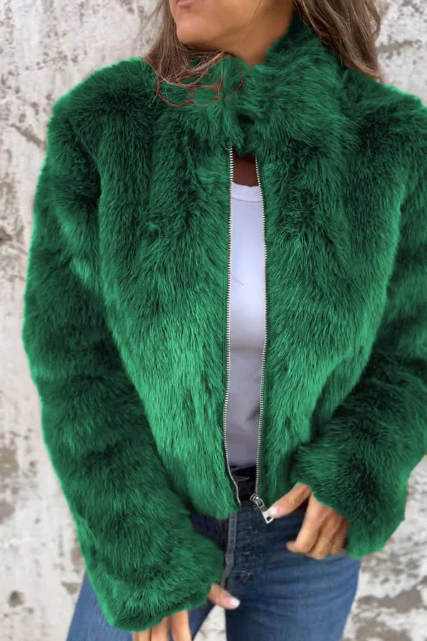 Faux Fur Turtleneck Zip-Up Jacket – Loose Fit Casual Coat