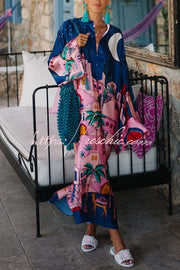 Satin Print Button-Up Kaftan Midi Dress with Long Sleeves
