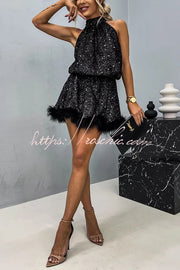 Mini-robe nuisette dos nu à bordure en plumes et sequins