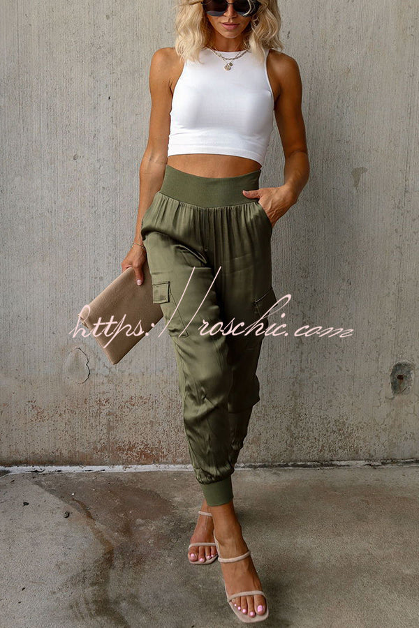 Satin High Waist Joggers with Pockets – Ankle Length