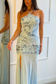 Sequin Halter Neck Slim-Fit Slit Maxi Dress