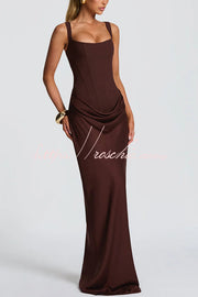 Square Neck Satin Drape Maxi Dress with Lace-Up Back