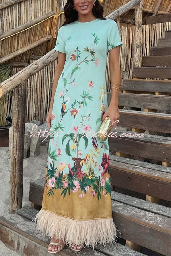 Satin Floral Print Maxi Dress with Feather Trim & Pocket