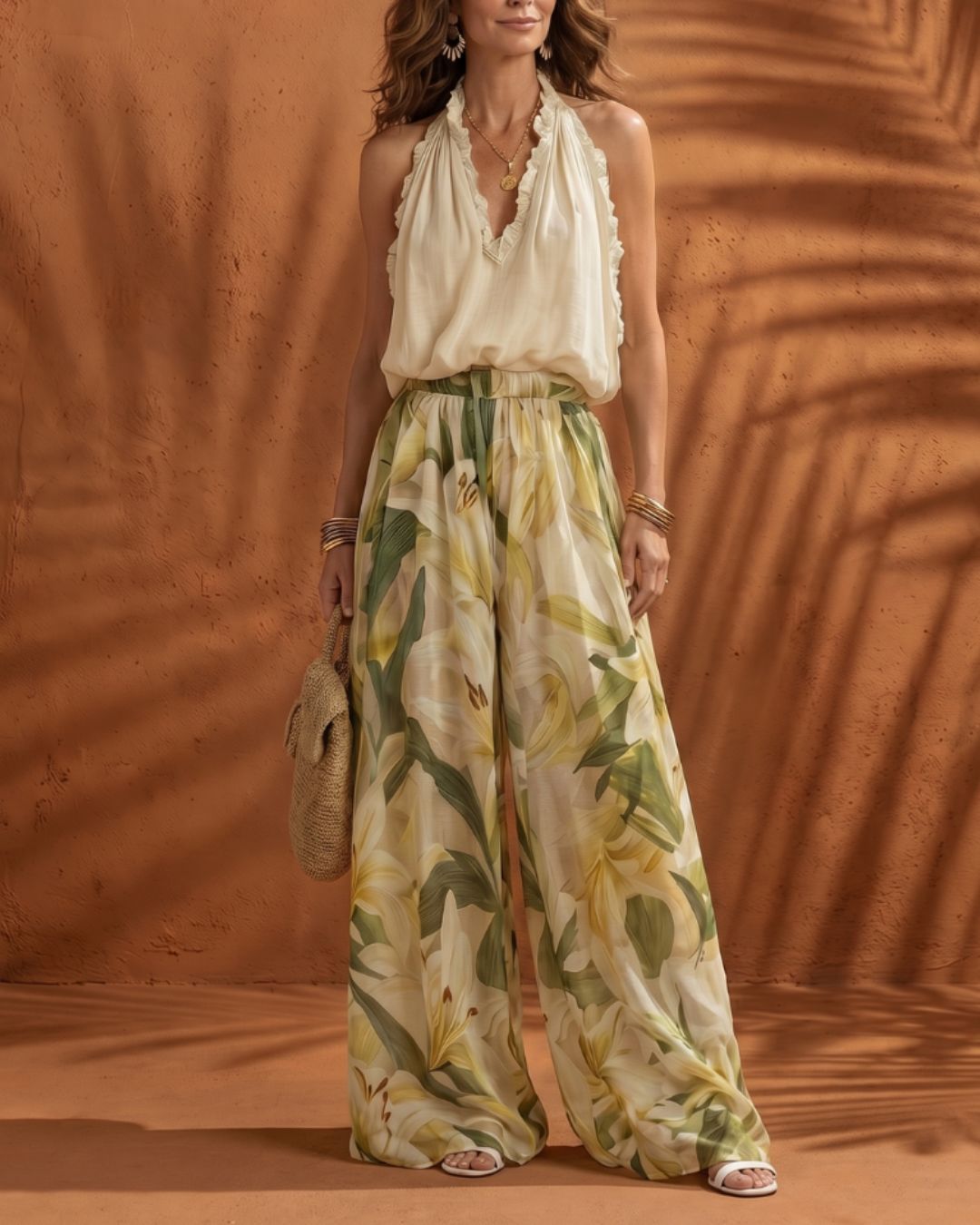 Floral Chiffon Halter Top and Wide Leg Pants Set – Boho Two-Piece