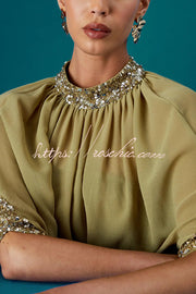 Chiffon Sequin Trim High Neck Batwing Maxi Dress