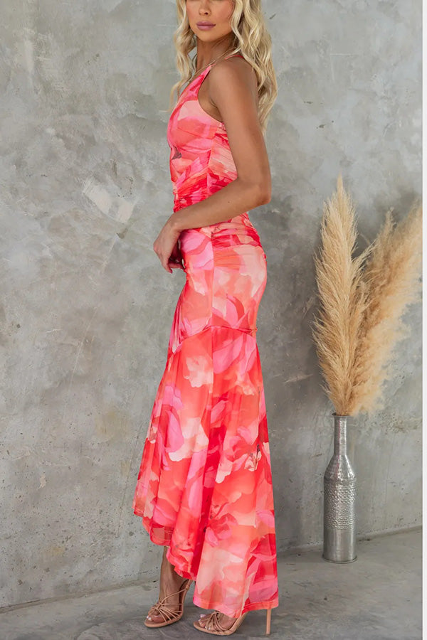 Floral Mesh One Shoulder Ruched Maxi Dress
