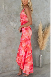 Floral Mesh One Shoulder Ruched Maxi Dress
