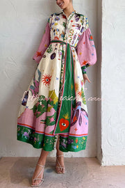 Linen Blend Balloon Sleeve Midi Dress with Belt