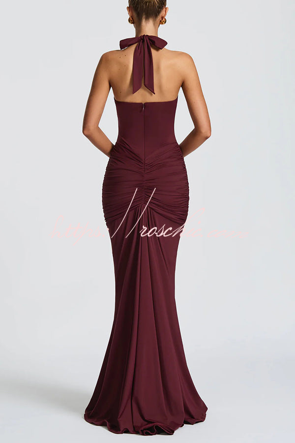 Halter V-Neck Open Back Maxi Dress – Solid Color Slim Fit