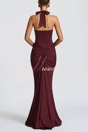 Halter V-Neck Open Back Maxi Dress – Solid Color Slim Fit