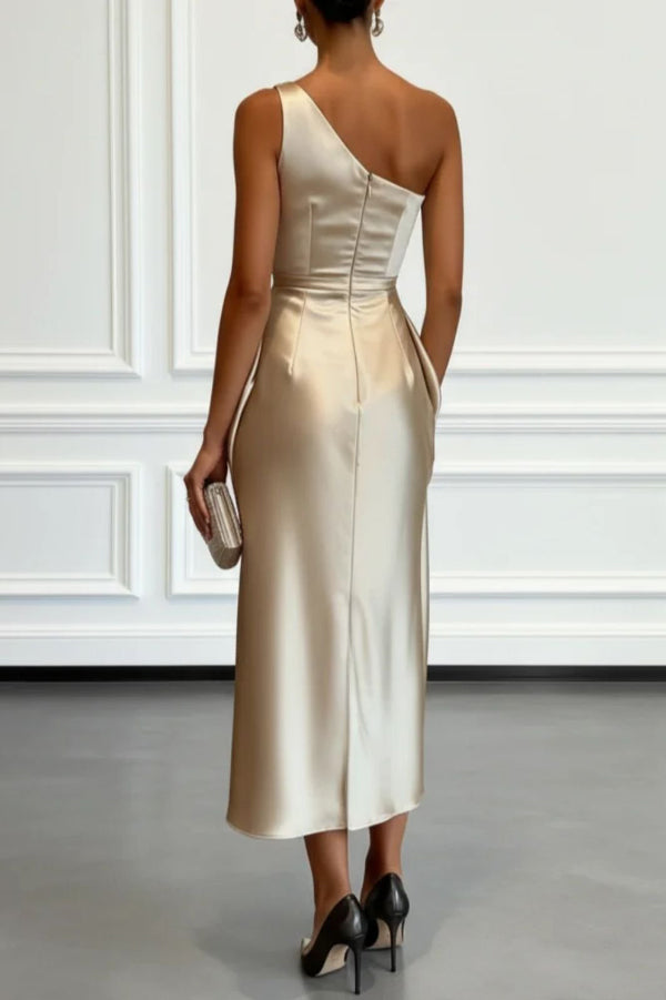 Satin One-Shoulder Midi Dress with Pleated Waist