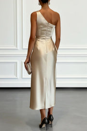 Satin One-Shoulder Midi Dress with Pleated Waist