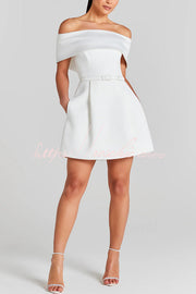 Off-the-Shoulder Mini Dress with Pockets & Removable Belt