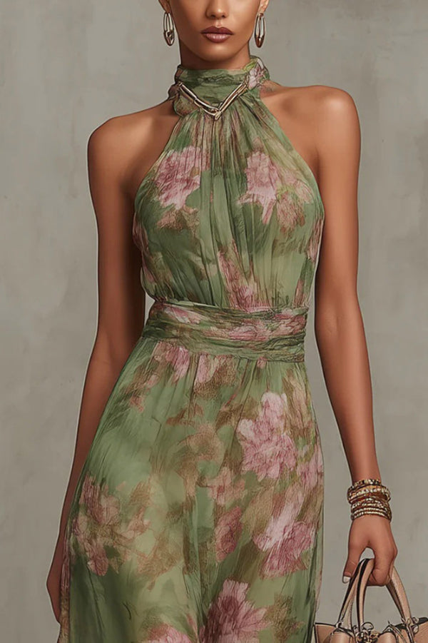 Floral Print Halter Neck Maxi Dress | Vacation Casual