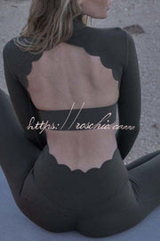 Open Back Long Sleeve Yoga Crop Top with Petal Trim