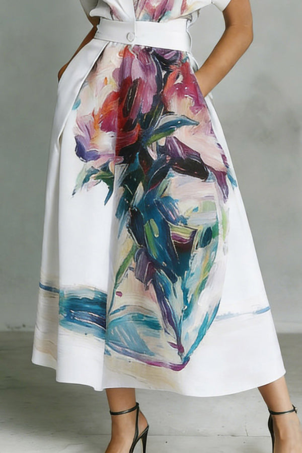 Art Print Midi Dress with Collar & Chest Pocket