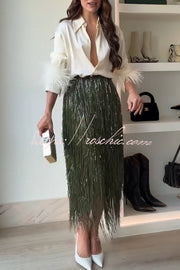 Feather Trim Long Sleeve Blouse – Loose Fit Party Top