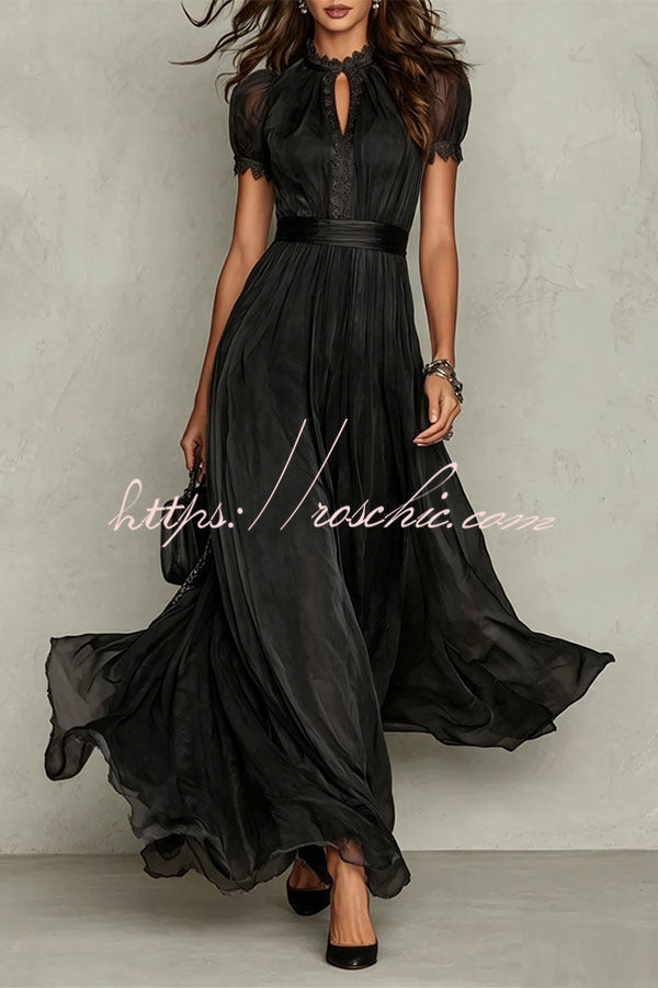 Lace Trim Keyhole Puff Sleeve Chiffon Maxi Dress