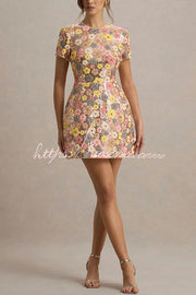 Floral Sequin Mini Dress | 80s-Inspired Short Sleeve Party Dress