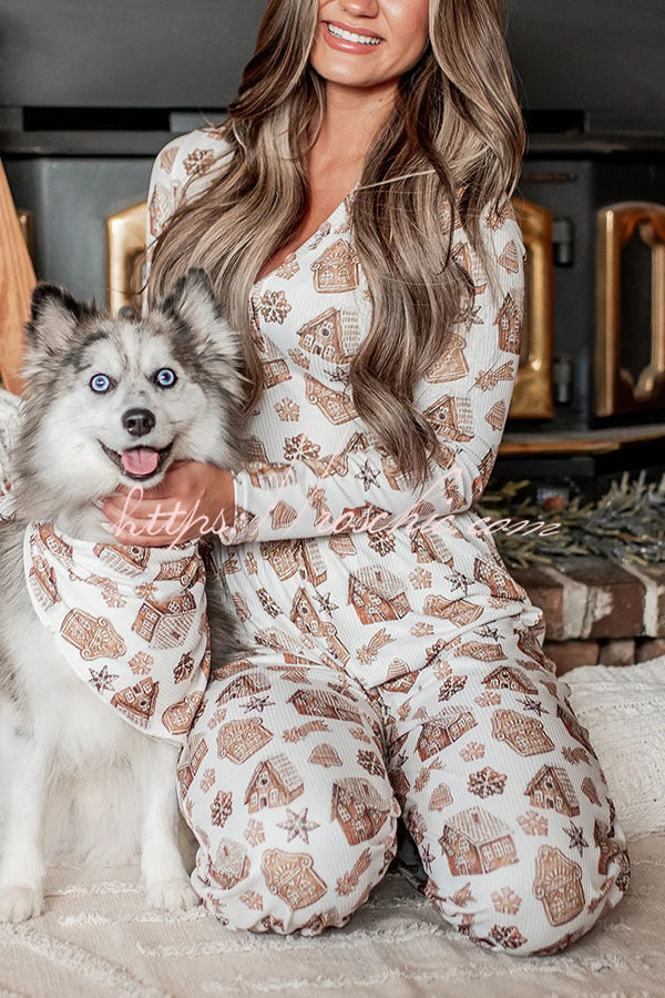Gingerbread Print Ribbed Pajama Set with Elastic Waist