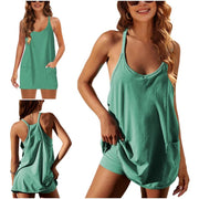UANEO Women's Summer Sleeveless Mini Dress V Neck Spaghetti Straps Athletic Built-in Shorts Sundress SummerVibes