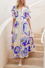 Robe longue boutonnée à manches bouffantes et motif floral aquarelle