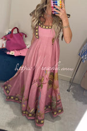 Linen Blend Printed Maxi Dress with Tie-Up Suspenders