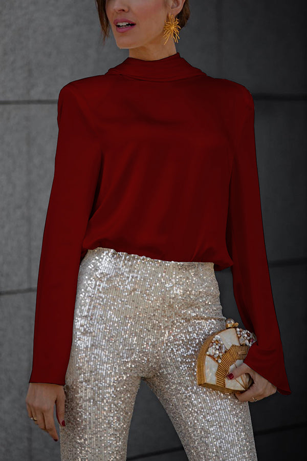 Satin Cowl Neck Draped Blouse – Long Sleeve Loose Fit