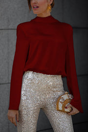 Satin Cowl Neck Draped Blouse – Long Sleeve Loose Fit