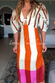 Linen Blend Color Block Puff Sleeve Maxi Dress