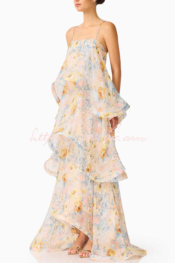 Floral Print Georgette Tiered Maxi Dress – Square Neck