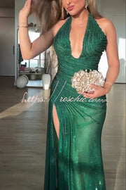 Sequin Pleated Halter Maxi Dress with Slit & Drape