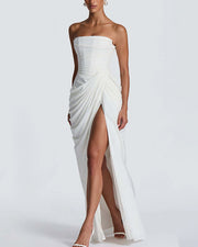 Strapless Ruched High Slit Corset Maxi Dress