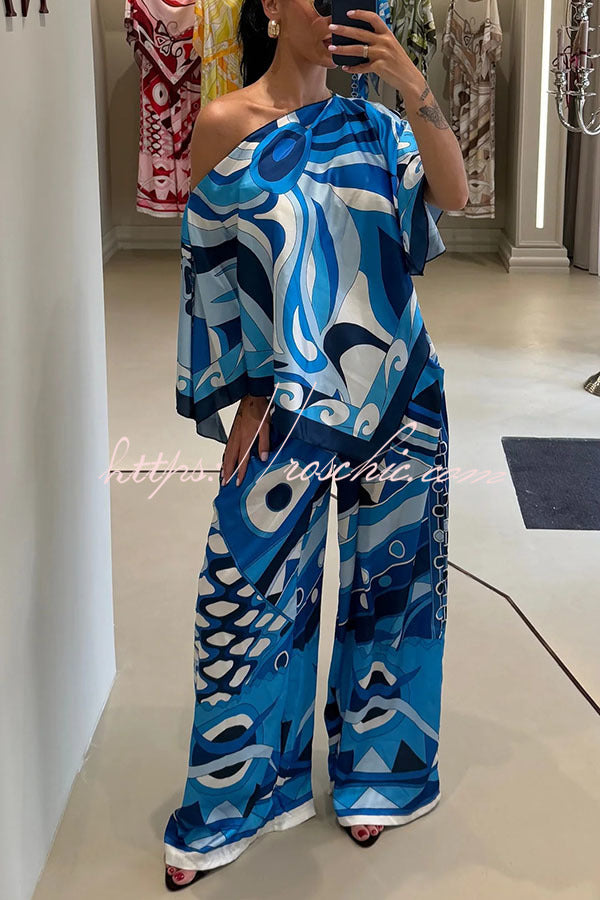 Satin Cape-Sleeve Top & Wide-Leg Pants Set | Vacation