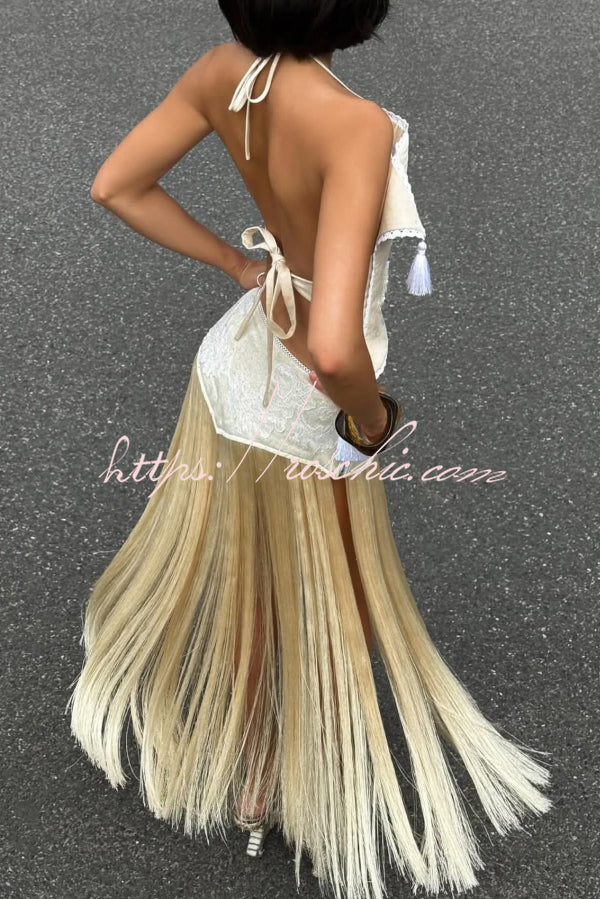 Lace Appliqué Tassel Hem Maxi Skirt for Vacation