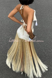 Lace Appliqué Tassel Hem Maxi Skirt for Vacation