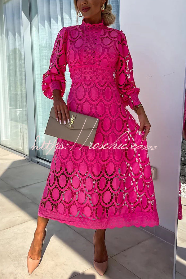 Crochet Lace Lantern Sleeve Midi Dress for Parties