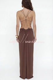 Metal-Link Cutout Back Lace-Up Drape Maxi Dress