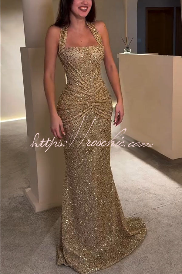 Sequin Halter Maxi Dress with Ruched Waist & Lace-Up Back