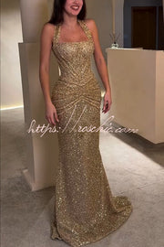 Sequin Halter Maxi Dress with Ruched Waist & Lace-Up Back